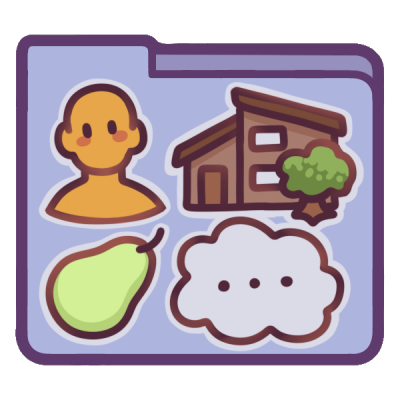 a purple folder with a person, a building, a pear, and a thought bubble.
